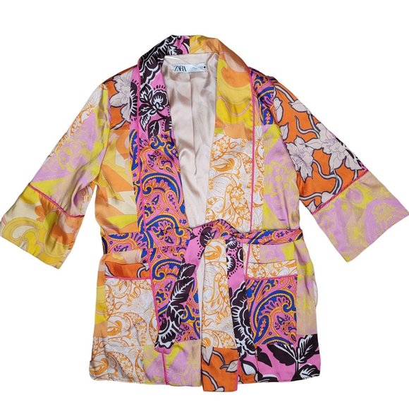 Zara color block belted kimono jacket with pockets silky polyester orange purple - Picture 3 of 10